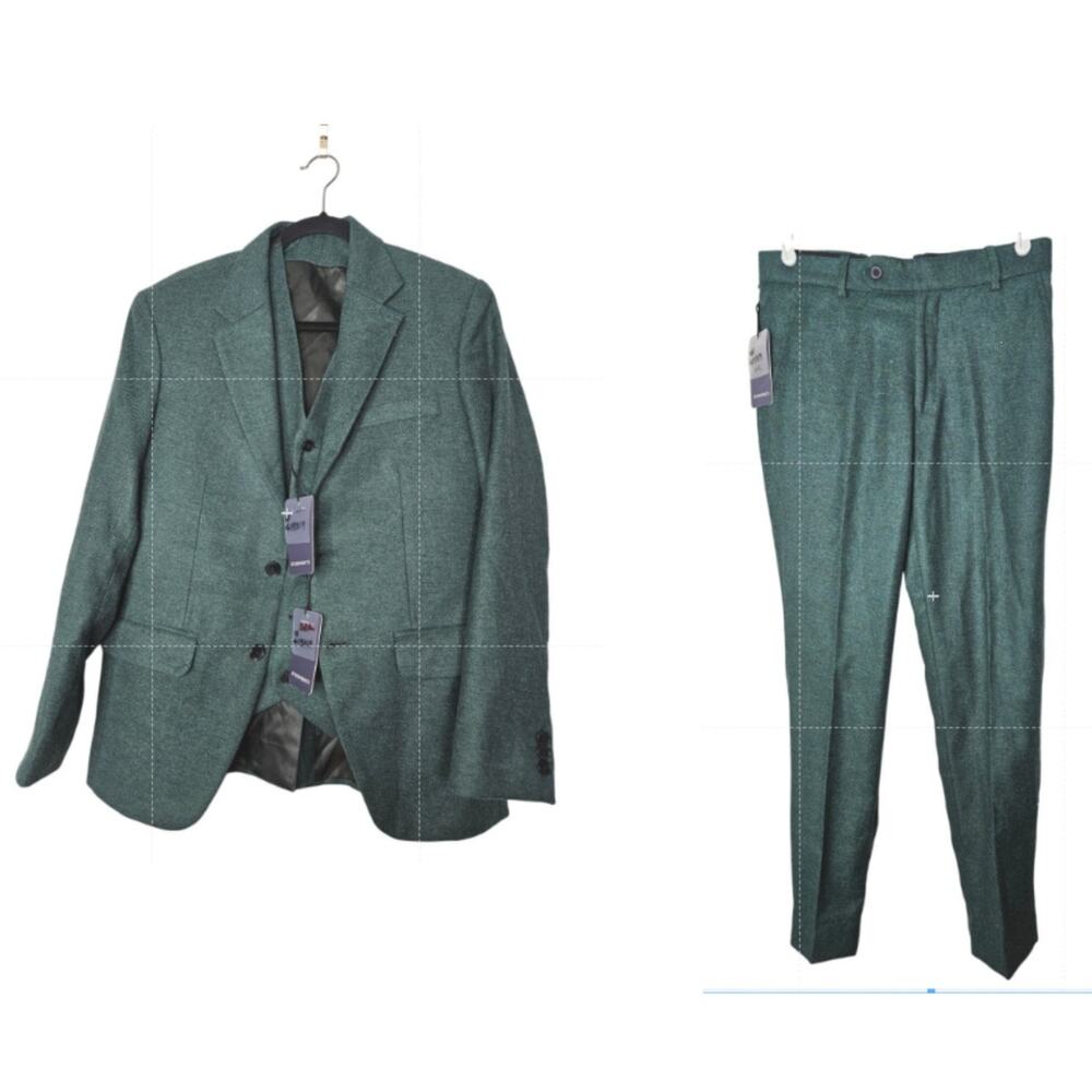NEW Studiosuits 3 Piece Suit 38 30 Green Herringbone Vest Blazer Career Wool